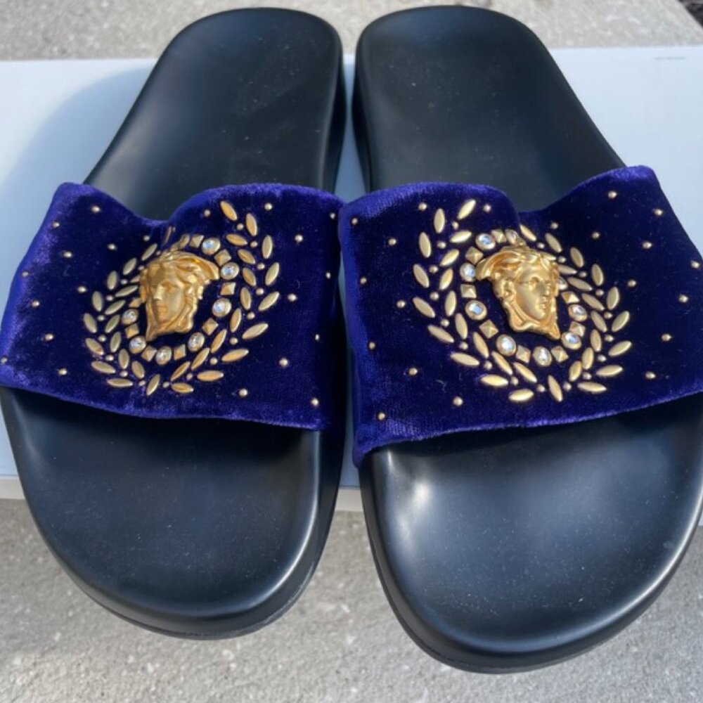 Versace Medusa Crystal Studded Purple Velvet Slides
